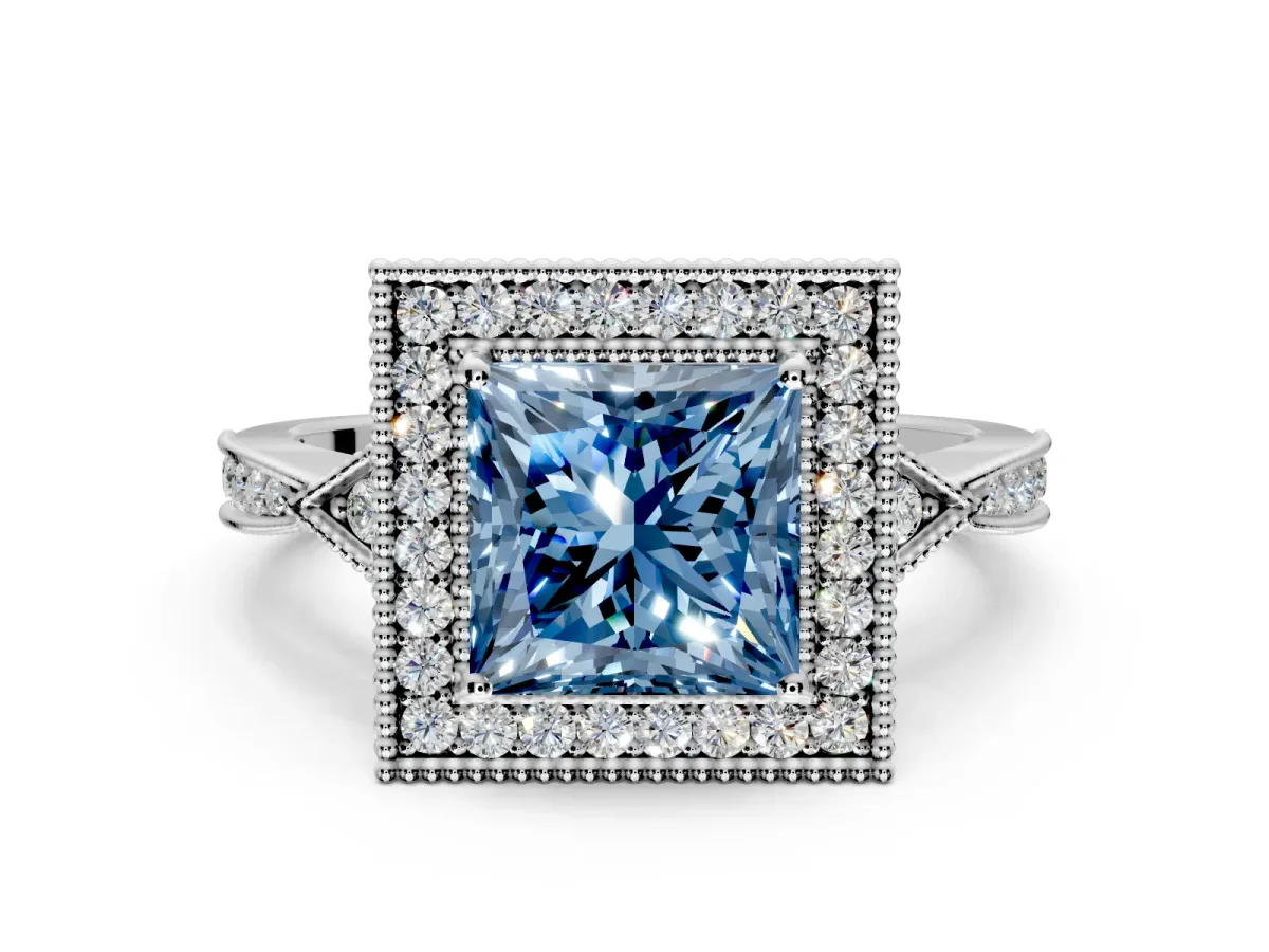 Halo Engagement Ring Setting for Fancy Blue Princess Cut Center with Milgrain Rim, Pave Band and Prong Head in Sterling Silver
