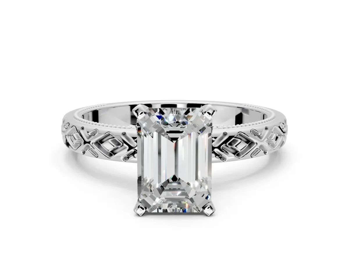 Solitaire Engagement Ring Setting for Emerald Cut Center with Milgrain X Pattern Band and Prong Head in Platinum