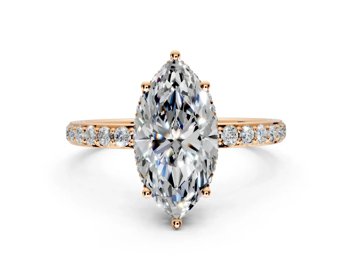 Hidden Halo Engagement Ring Setting for Marquise Center with Pave Band and Prong Head in Rose Gold