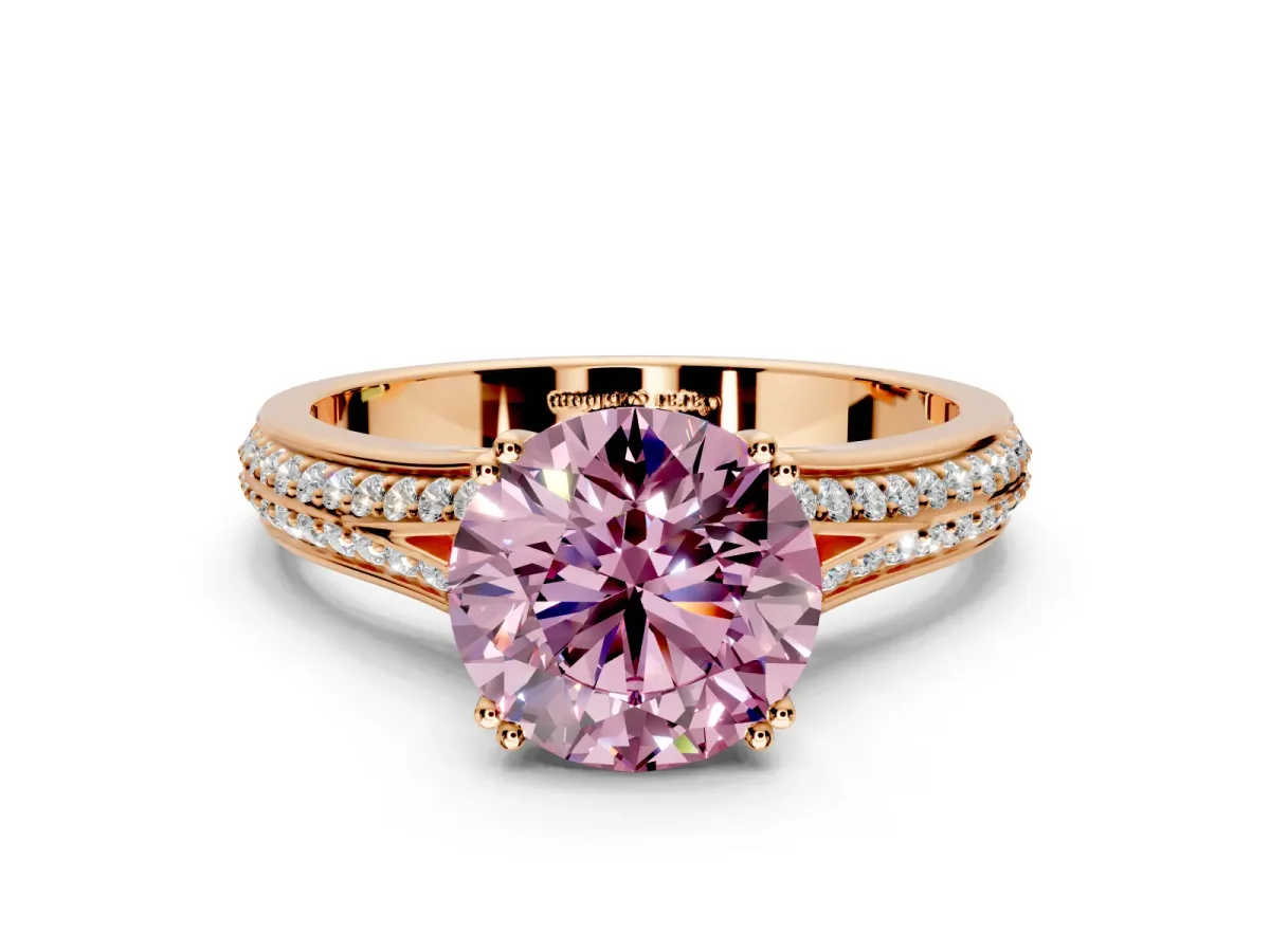 Solitaire Engagement Ring Setting for Fancy Pink Round Cut Center with Pave Rail Split Shank and Prong Head in Rose Gold