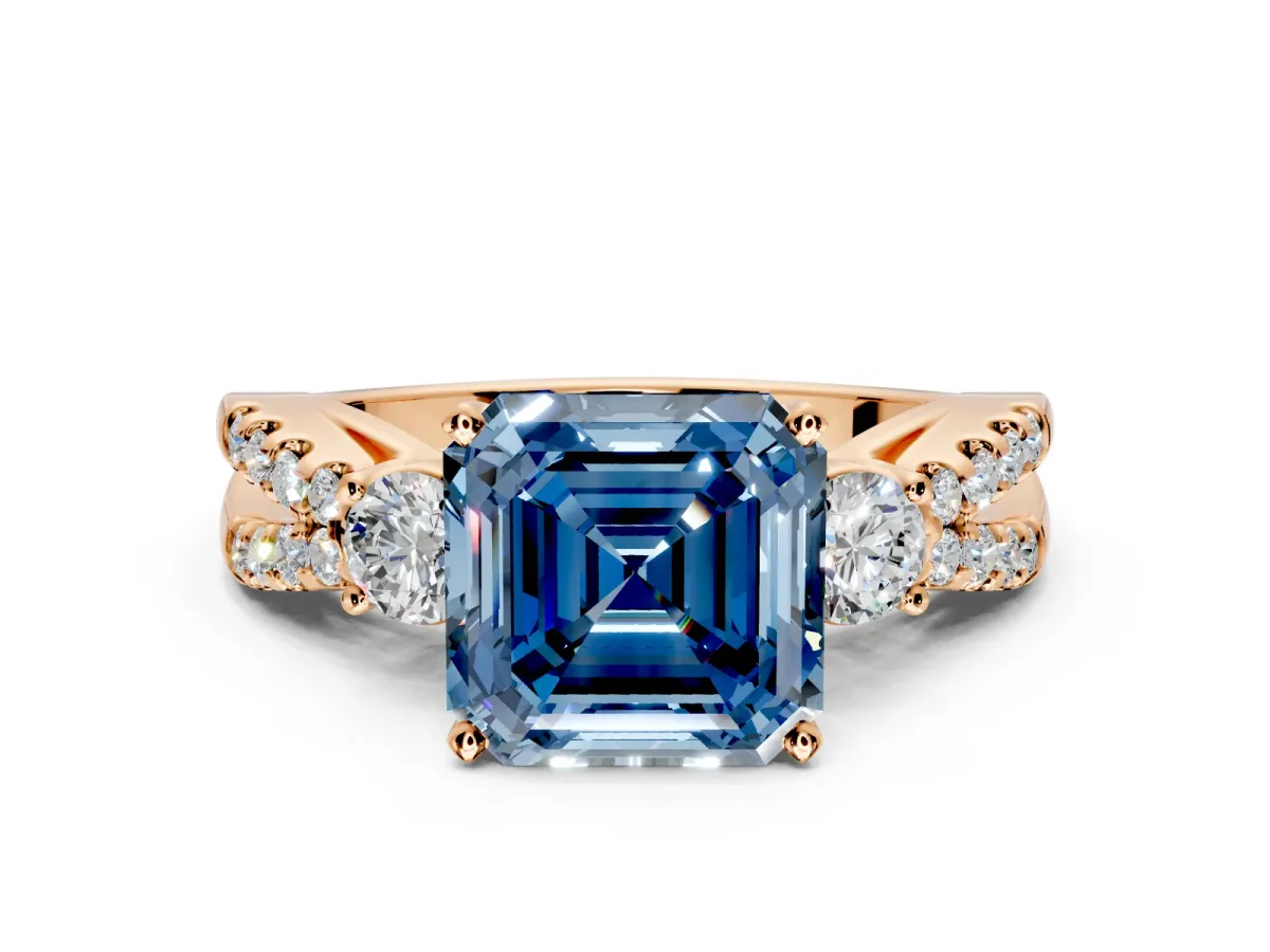 3 Stone Engagement Ring Setting for Fancy Blue Asscher Cut Center with Pave Split Shank and Prong Head in Rose Gold