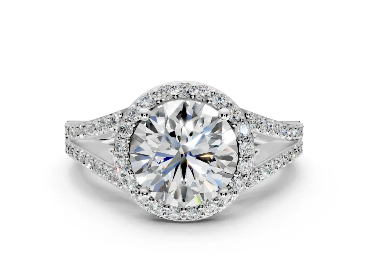 Halo Engagement Ring Setting for Round Cut Center with Pave Split Shank and Prong Head in White Gold