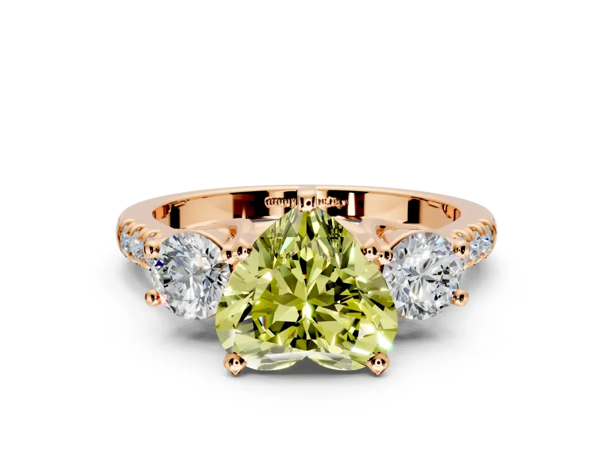 3 Stone Engagement Ring Setting for Fancy Yellow Heart-Shaped Center with Crossover Basket, Pave Band and Prong Head in Rose Gold