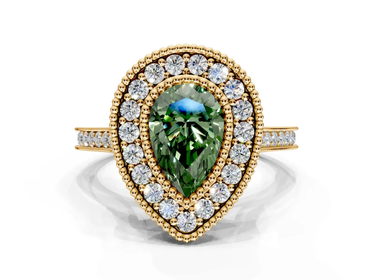Halo Engagement Ring Setting for Fancy Green Pear-Shaped Center with Milgrain Frame, Pave Band and Prong Head in Yellow Gold