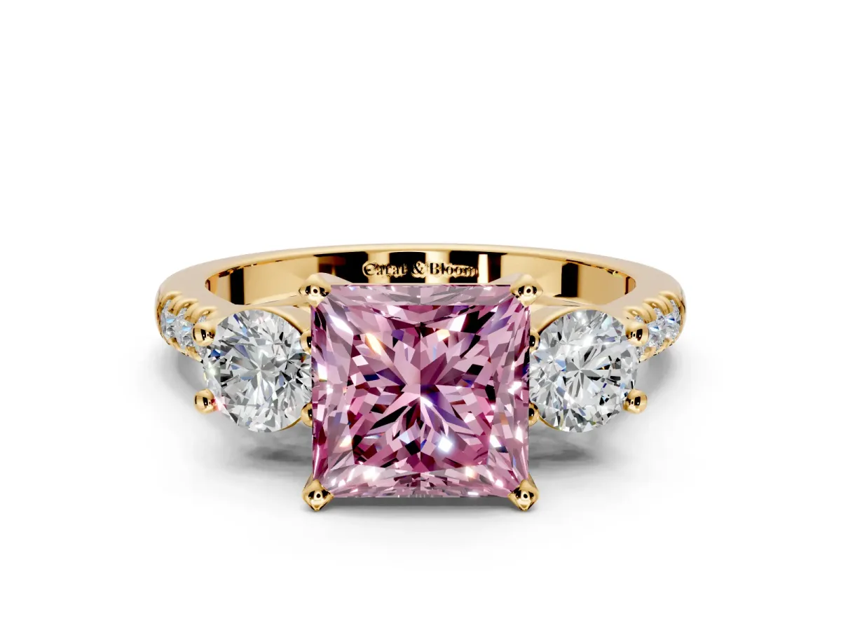 3 Stone Engagement Ring Setting for Fancy Pink Princess Cut Center with Crossover Basket, Pave Band and Prong Head in Yellow Gold