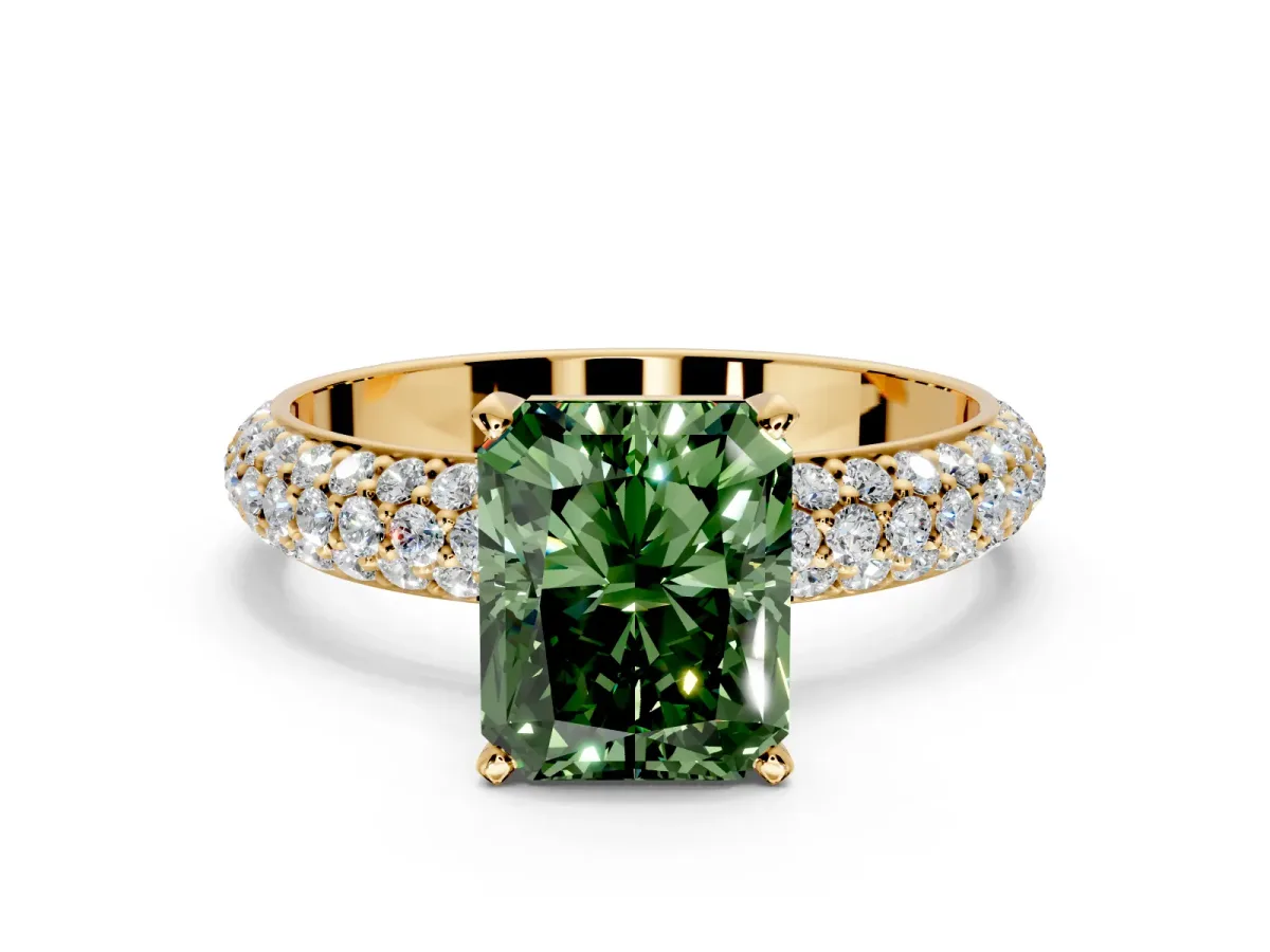 Solitaire Engagement Ring Setting for Fancy Green Radiant Cut Center with Domed Multi-Row Pave Band and Prong Head in Yellow Gold