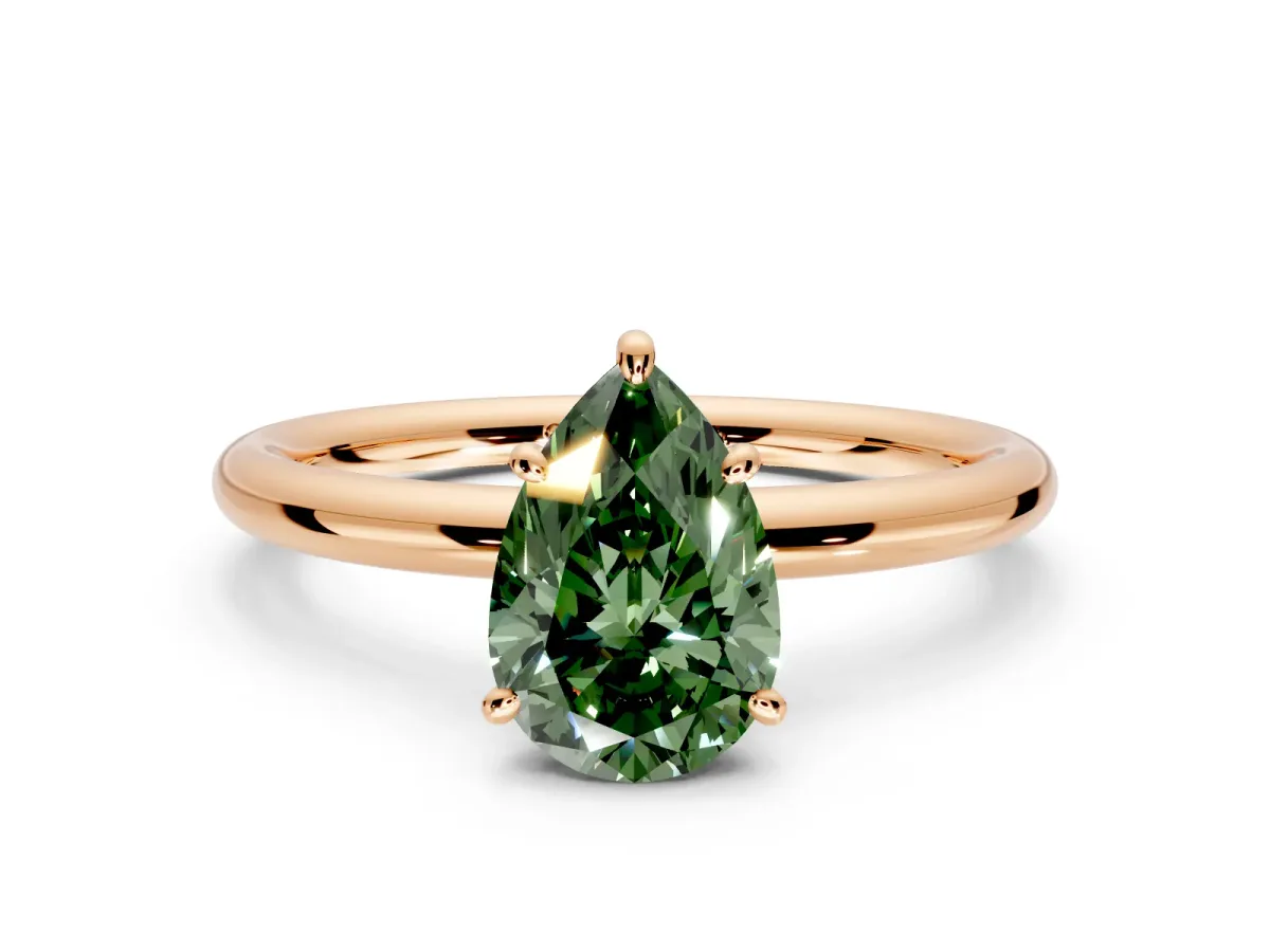 Low-Set Solitaire Engagement Ring Setting for Fancy Green Pear-Shaped Center with Thin Plain Band and Prong Head in Rose Gold