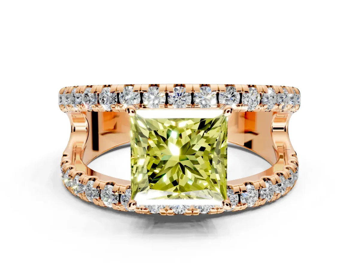 Solitaire Engagement Ring Setting for Fancy Yellow Princess Cut Center with Wide-Open Split Shank and Prong Head in Rose Gold