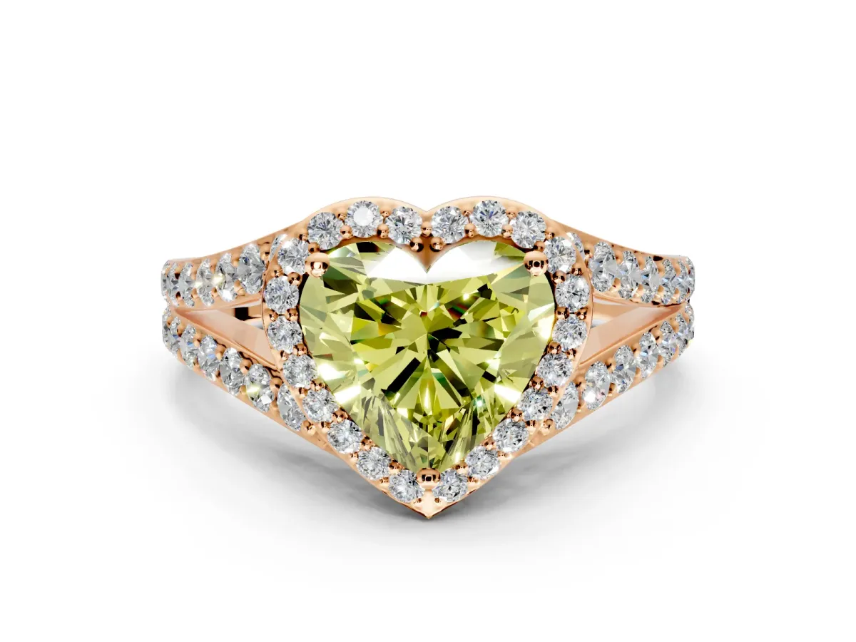 Halo Engagement Ring Setting for Fancy Yellow Heart-Shaped Center with Narrow Pave Split Shank and Prong Head in Rose Gold