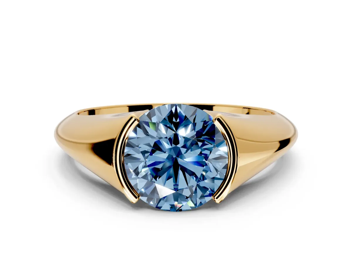 Tension Engagement Ring Setting for Fancy Blue Round Cut Center with Wide Tapered Band and Tension Head in Yellow Gold