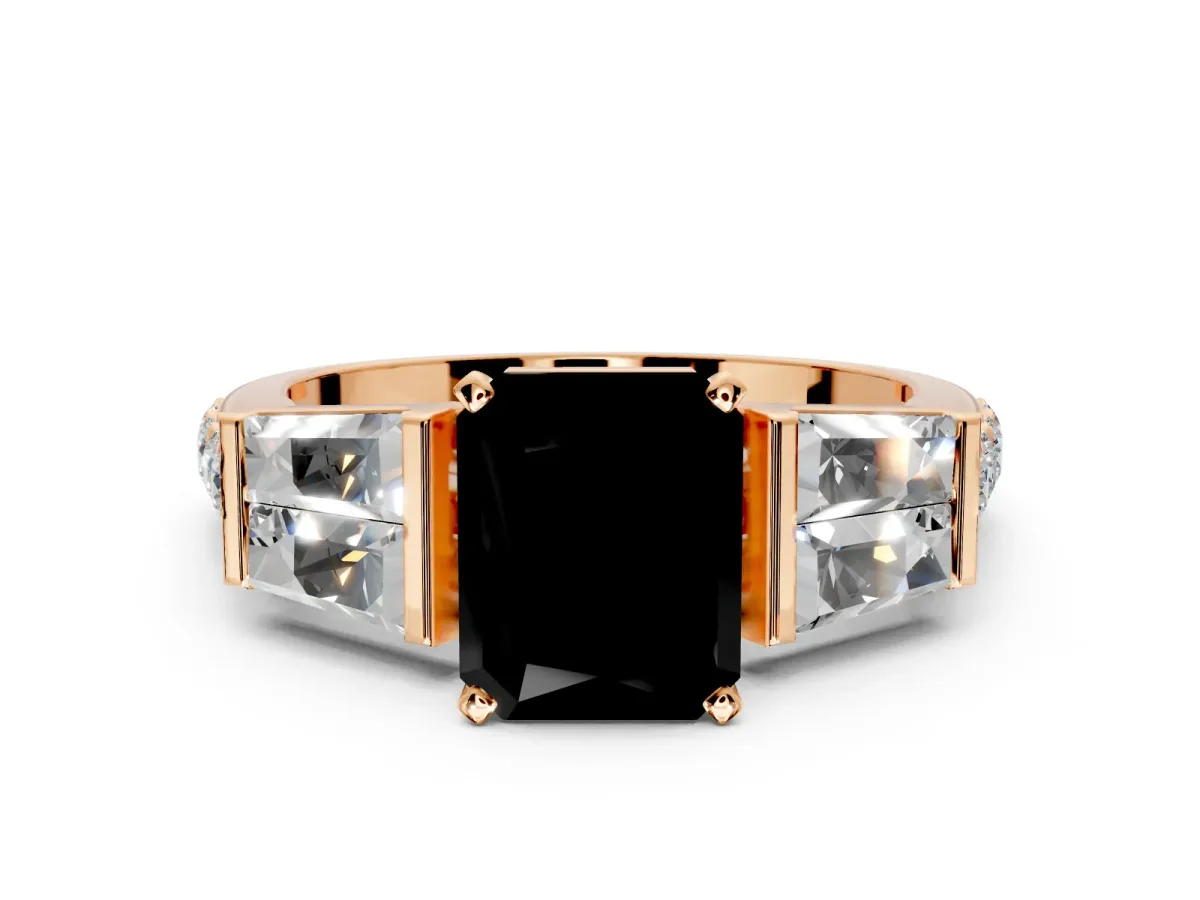 Channel-Set Engagement Ring Setting for Fancy Black Radiant Cut Center with Baguette Band and Prong Head in Rose Gold