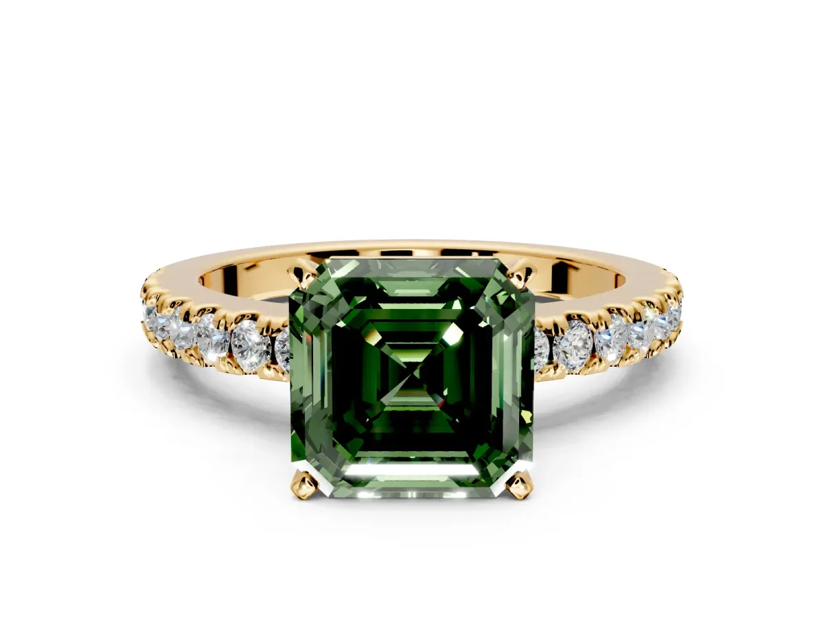Solitaire Engagement Ring Setting for Fancy Green Asscher Cut Center with Single Row Accent Band and Prong Head in Yellow Gold