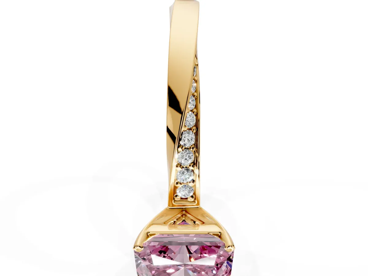 Side Accent Engagement Ring Setting for Fancy Pink Radiant Cut Center with Accent Shoulders and Prong Head in Yellow Gold