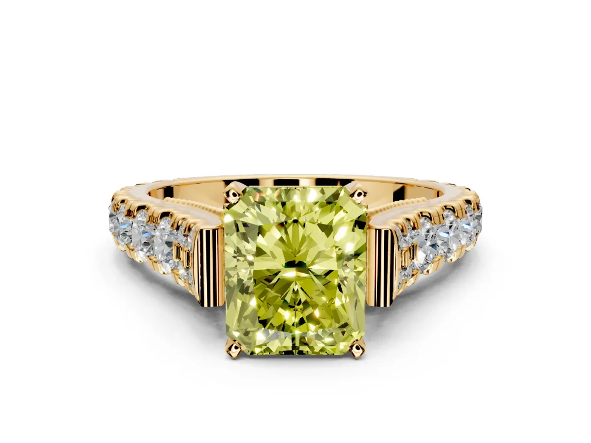 Solitaire Engagement Ring Setting for Fancy Yellow Radiant Cut Center with Pave Cathedral Shoulders and Prong Head in Yellow Gold