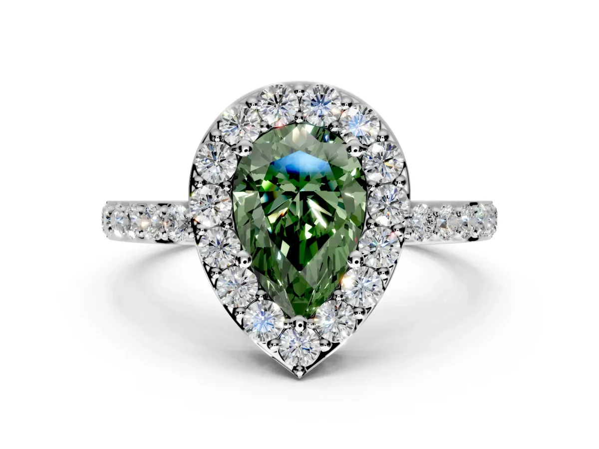 Halo Engagement Ring Setting for Fancy Green Pear-Shaped Center with Heart-Shaped Openwork, Pave Band and Prong Head in Sterling Silver
