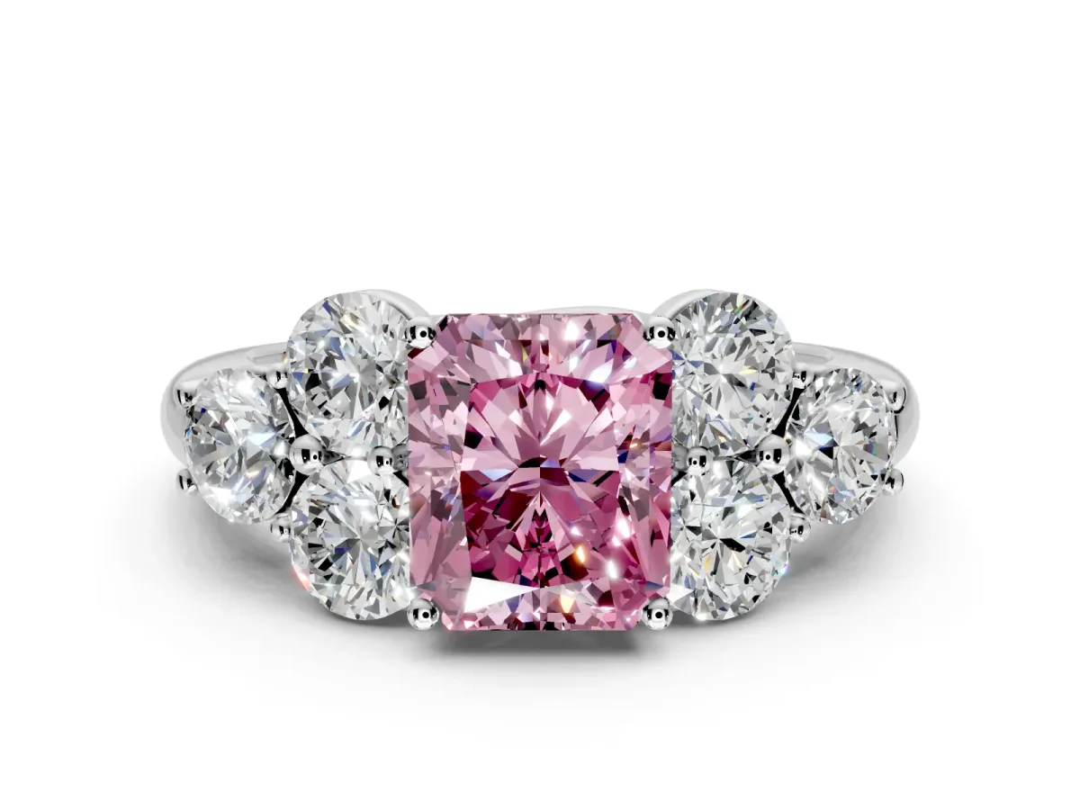 Cluster Engagement Ring Setting for Fancy Pink Radiant Cut Center with Round Cut Accent Frame and Prong Head in White Gold