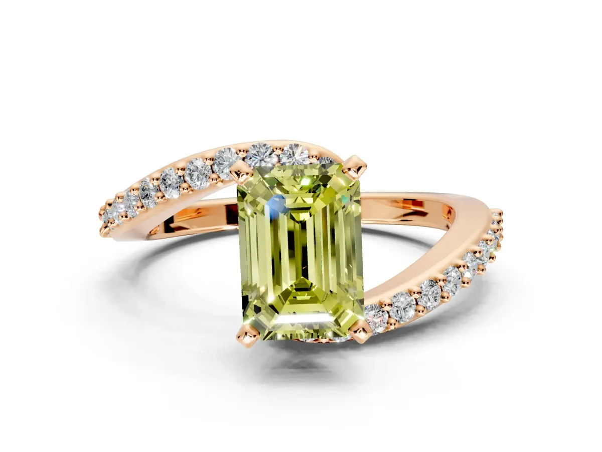Solitaire Engagement Ring Setting for Fancy Yellow Emerald Cut Center with Pave Bypass Swirl Band and Prong Head in Rose Gold