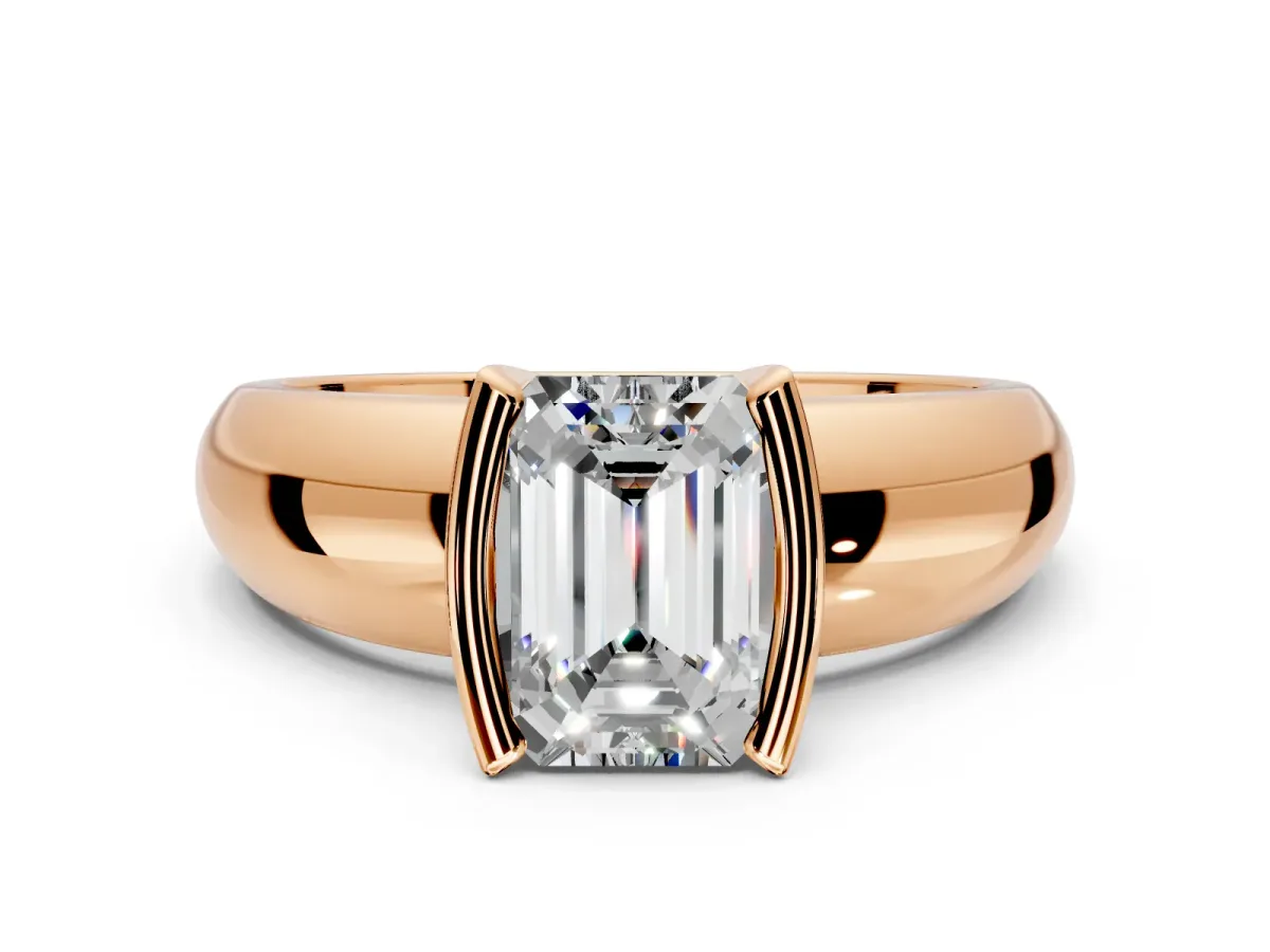 Tension Engagement Ring Setting for Emerald Cut Center with Wide Flat Band and Tension Head in Rose Gold