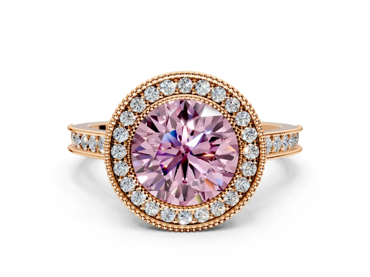 Halo Engagement Ring Setting for Fancy Pink Round Cut Center with Milgrain Pave Band and Bezel Head in Rose Gold