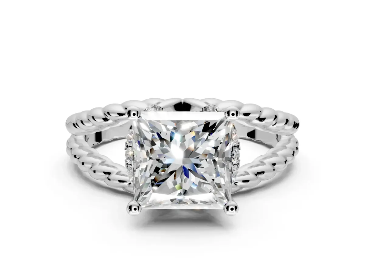 Halo Engagement Ring Setting for Princess Cut Center with Rope Twist Split Shank and Prong Head in White Gold
