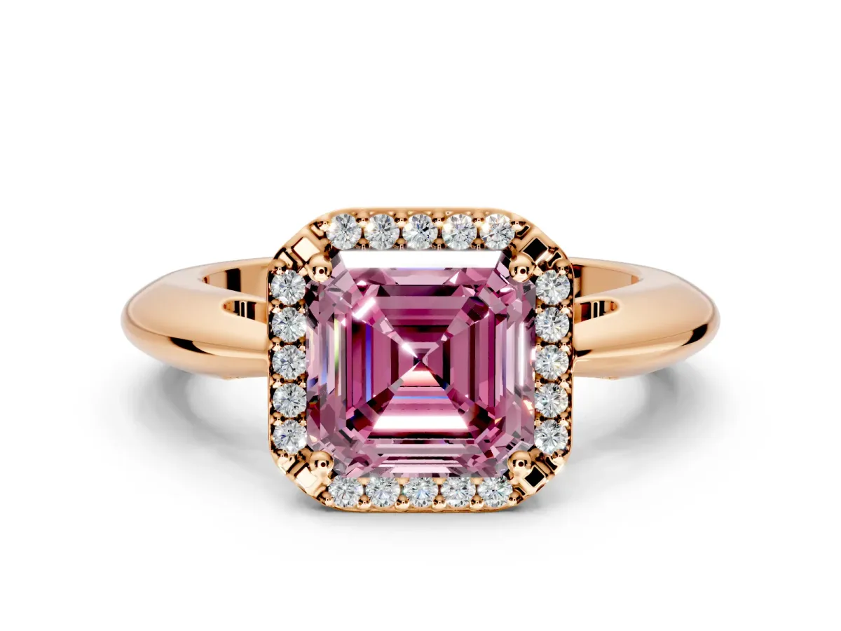 Halo Engagement Ring Setting for Fancy Pink Asscher Cut Center with Tapered Plain Band and Prong Head in Rose Gold
