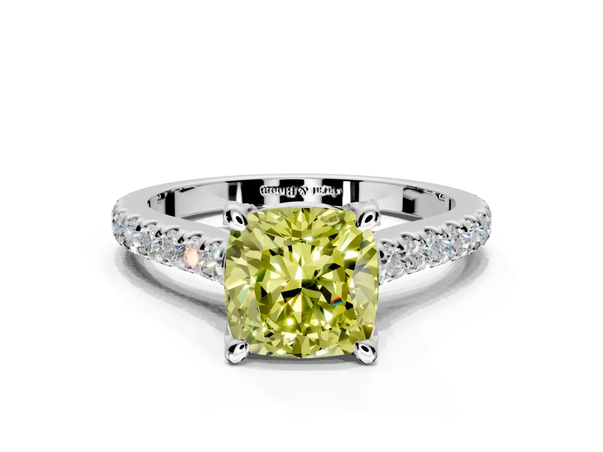 Solitaire Engagement Ring Setting for Fancy Yellow Cushion Cut Center with Widening Pave Band and Claw Prong Head in Sterling Silver