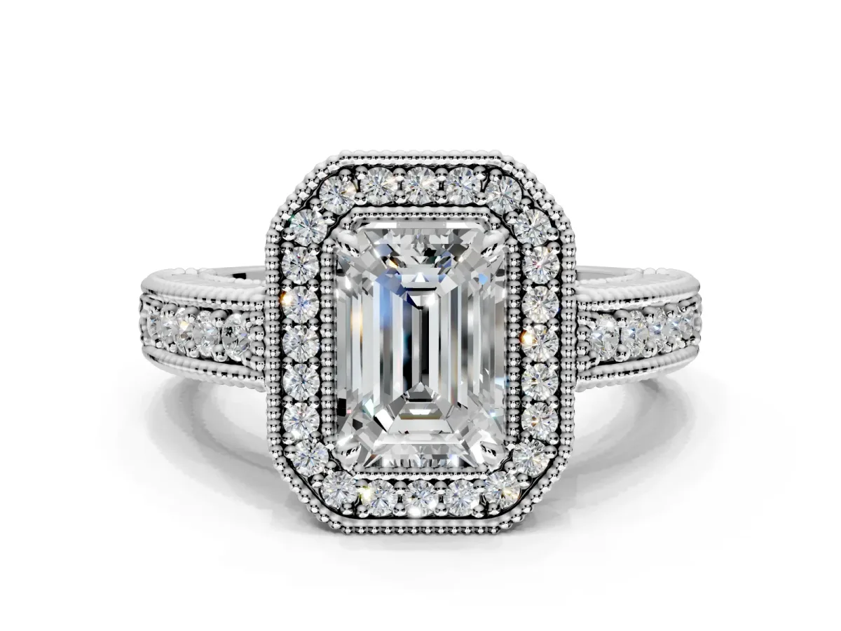 Milgrain Halo Engagement Ring Setting for Emerald Cut Center with Pave Band and Prong Head in White Gold