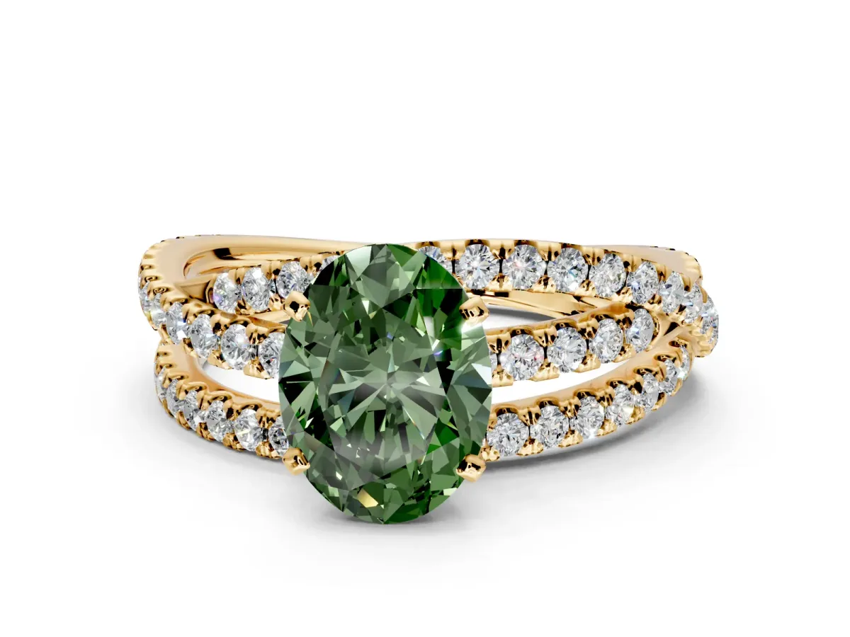Solitaire Engagement Ring Setting for Fancy Green Oval Center with Woven 3-Strand Pave Band and Prong Head in Yellow Gold