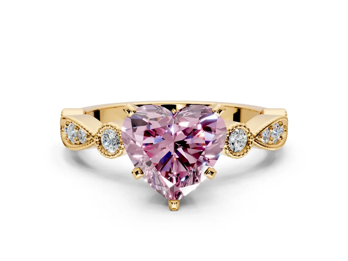 Solitaire Engagement Ring Setting for Fancy Pink Heart-Shaped Center with Milgrain Bezel Accents and Prong Head in Yellow Gold
