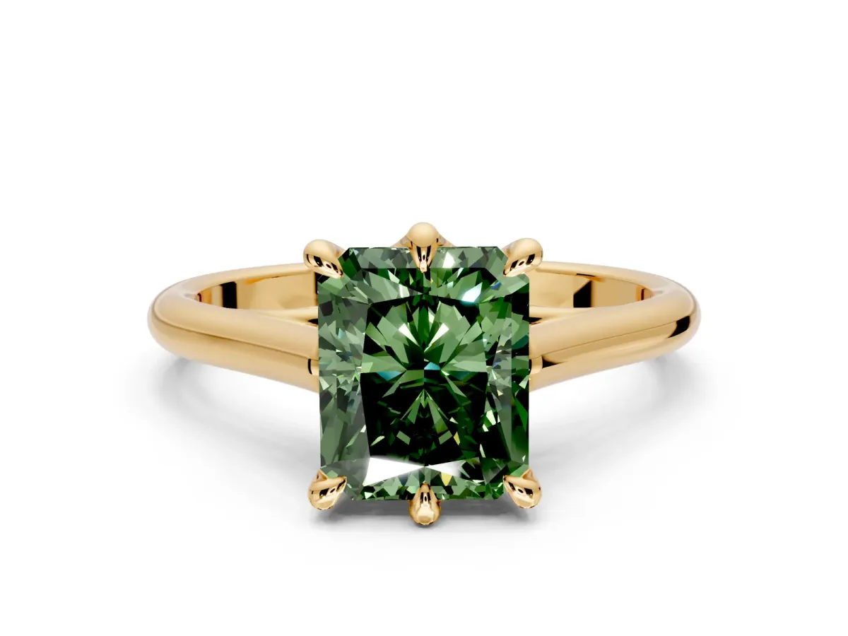 Solitaire Engagement Ring Setting for Fancy Green Radiant Cut Center with Cathedral Band and Prong Head in Yellow Gold