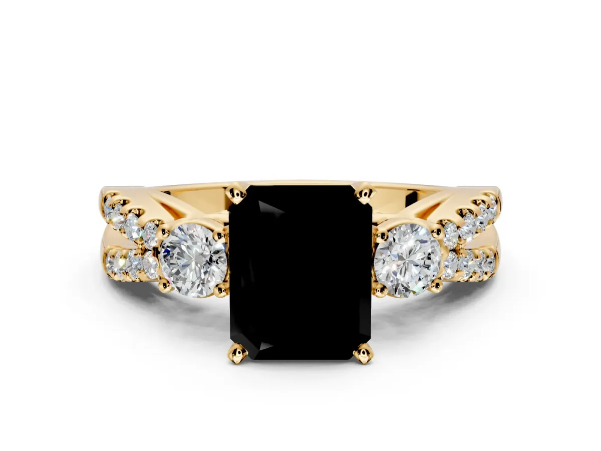 3 Stone Engagement Ring Setting for Fancy Black Radiant Cut Center with Pave Split Shank and Prong Head in Yellow Gold