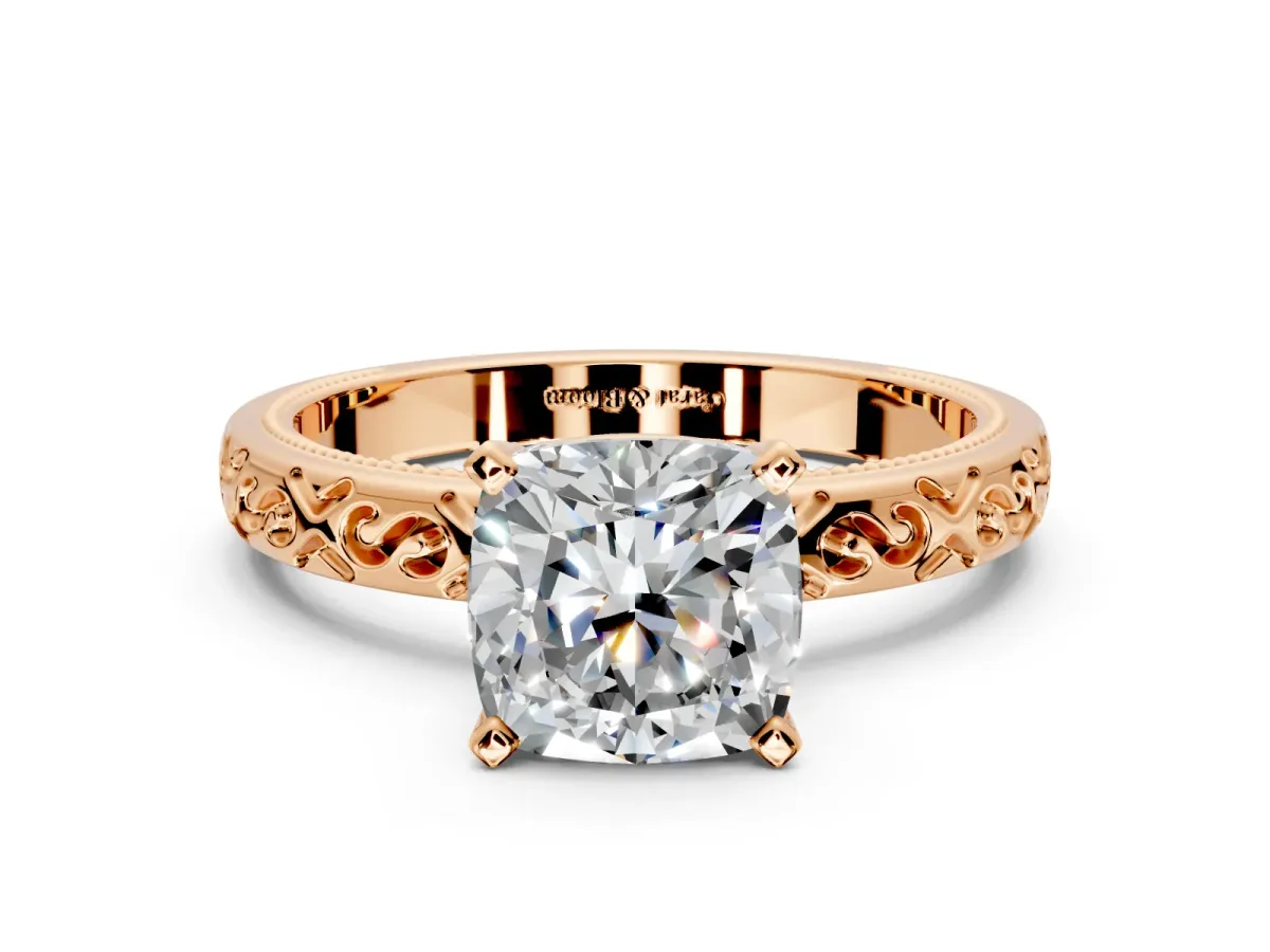 Solitaire Engagement Ring Setting for Cushion Cut Center with Scrollwork Band and Prong Head in Rose Gold