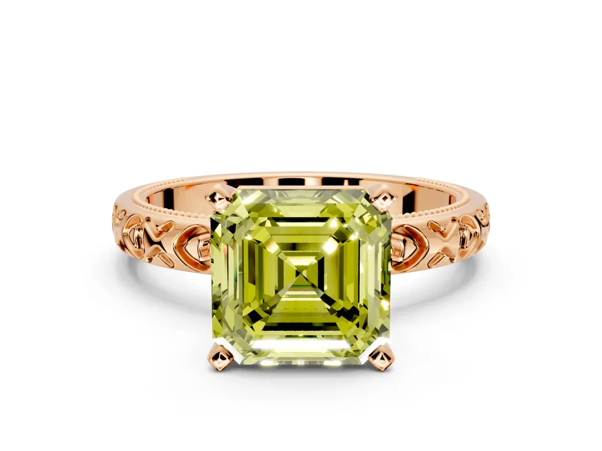 Solitaire Engagement Ring Setting for Fancy Yellow Asscher Cut Center with XO Engraved Band and Prong Head in Rose Gold