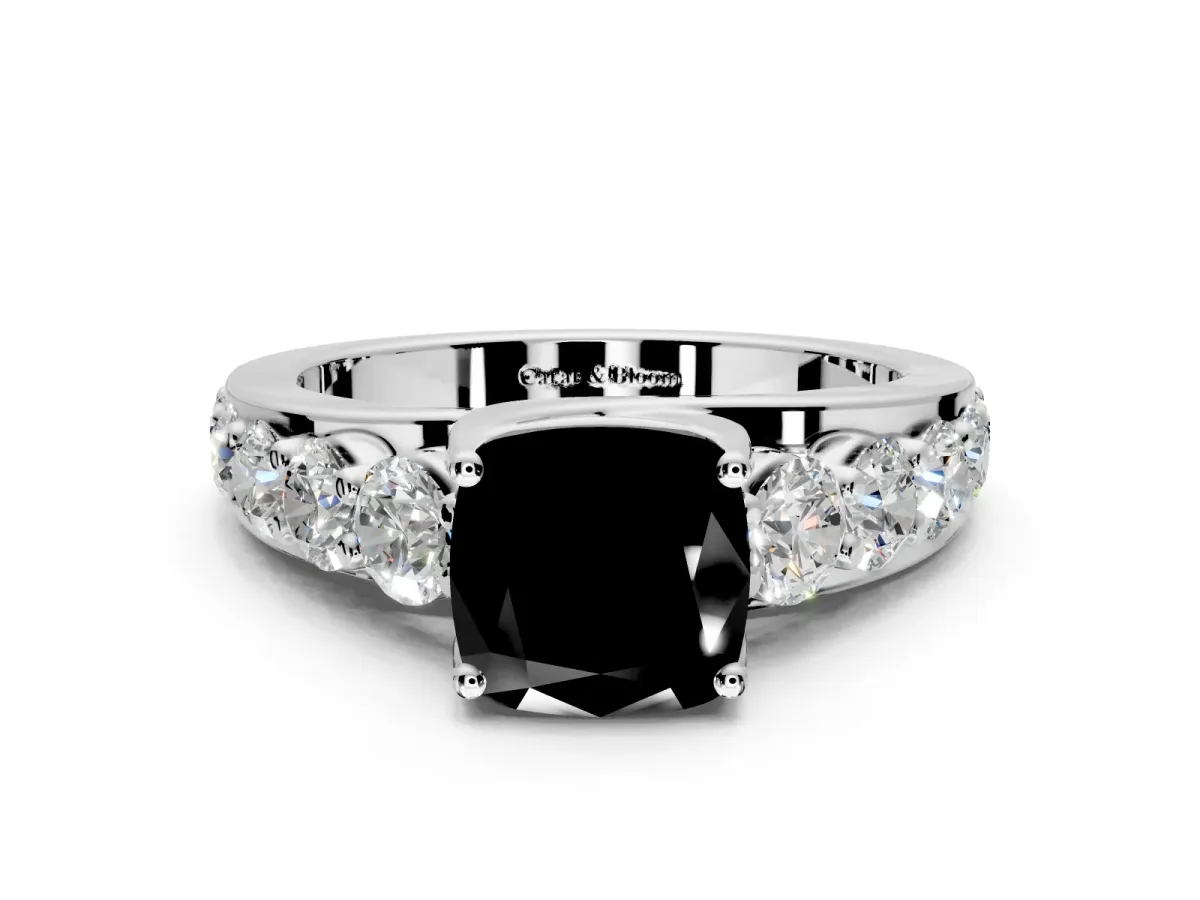 Solitaire Engagement Ring Setting for Fancy Black Cushion Cut Center with Graduated Shared Prongs and Prong Head in White Gold
