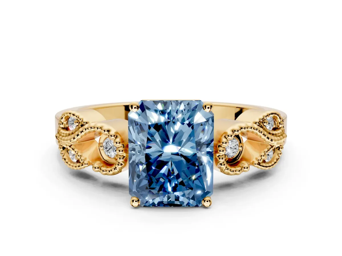 Leaf Engagement Ring Setting for Fancy Blue Radiant Cut Center with Milgrain Accent Band and Prong Head in Yellow Gold