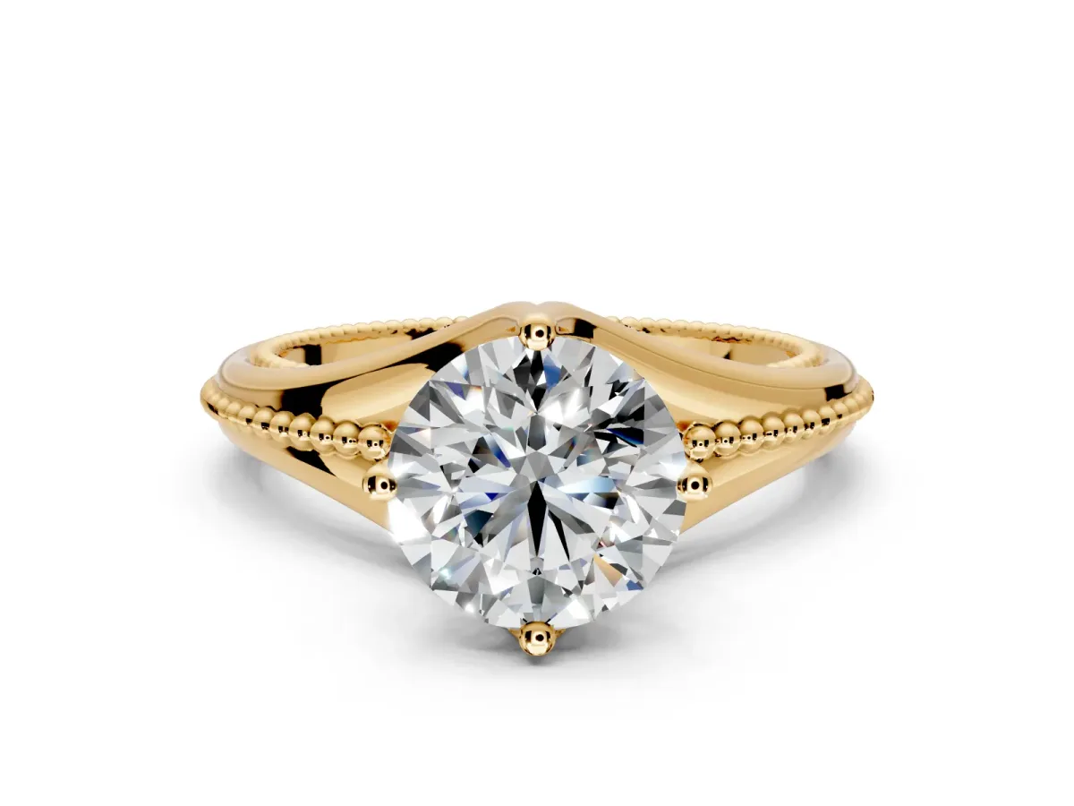 Solitaire Engagement Ring Setting for Round Cut Center with Milgrain Cathedral Band and Prong Head in Yellow Gold