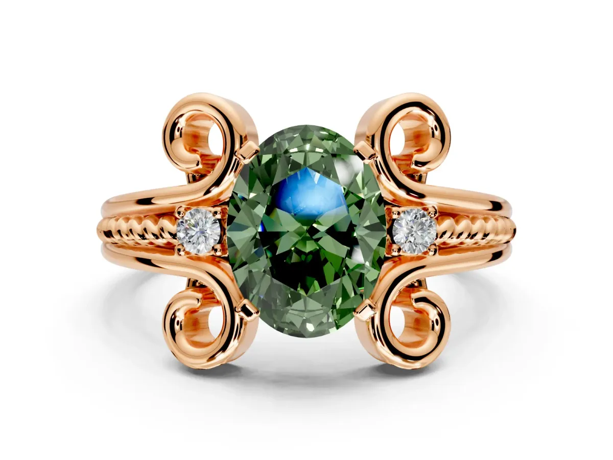Solitaire Engagement Ring Setting for Fancy Green Oval Center with Twisted Band and Scroll Prong Head in Rose Gold