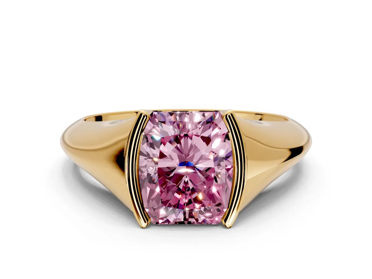 Tension Engagement Ring Setting for Fancy Pink Radiant Cut Center with Wide Tapered Band and Tension Head in Yellow Gold