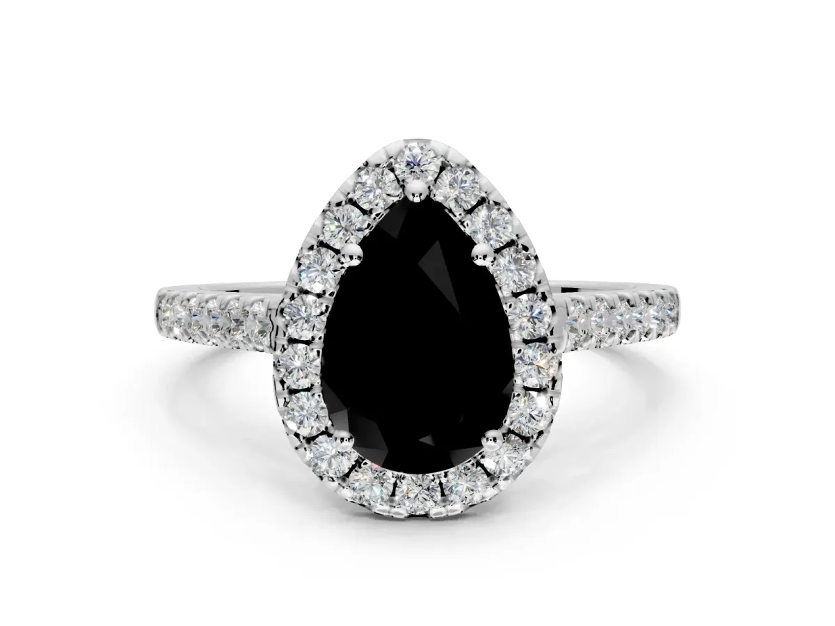 Halo Engagement Ring Setting for Fancy Black Pear-Shaped Center with Narrowing Pave Band and Prong Head in Sterling Silver
