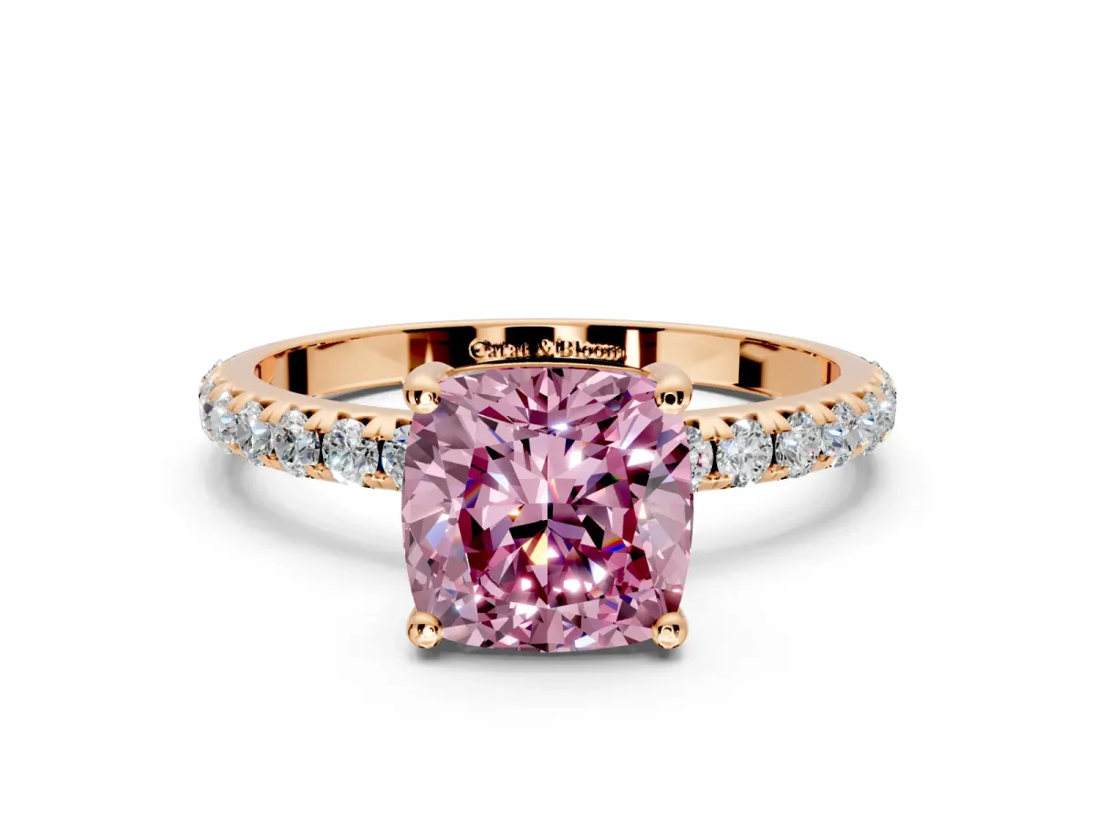 Solitaire Engagement Ring Setting for Fancy Pink Cushion Cut Center with Micro Pave Band and Prong Head in Rose Gold