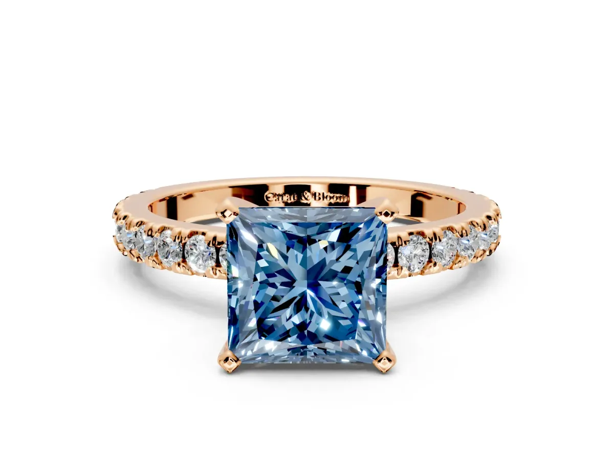Solitaire Engagement Ring Setting for Fancy Blue Princess Cut Center with Fine Pave Band and Claw Prong Head in Rose Gold