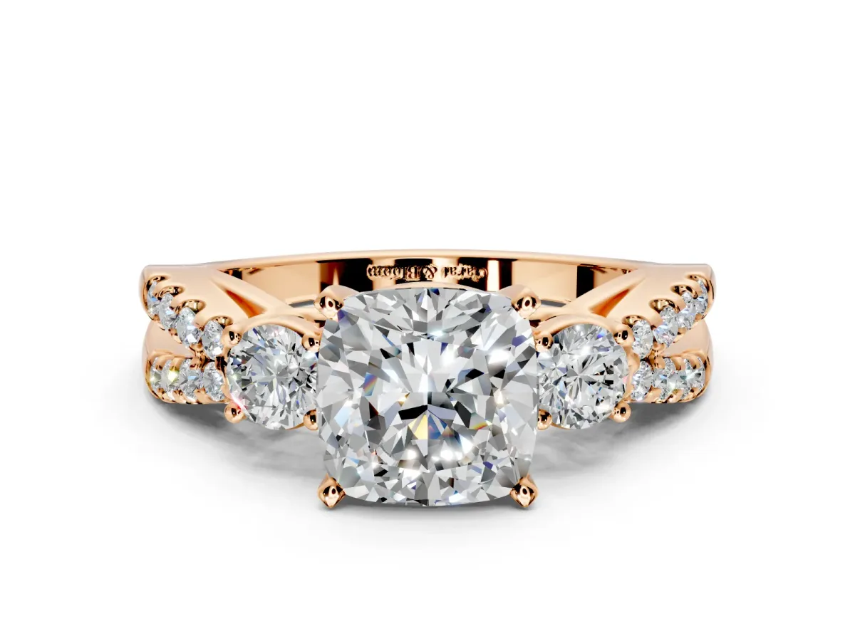 3 Stone Engagement Ring Setting for Cushion Cut Center with Pave Split Shank and Prong Head in Rose Gold