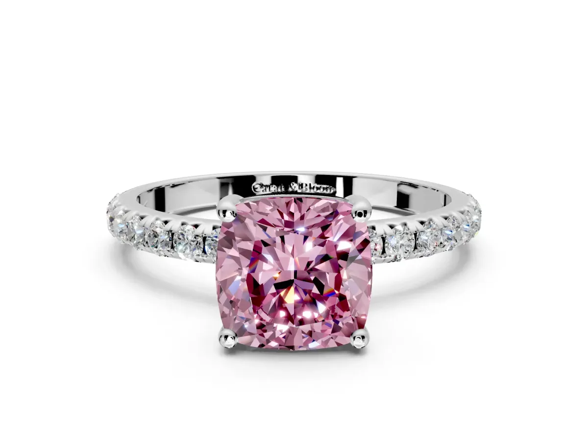 Solitaire Engagement Ring Setting for Fancy Pink Cushion Cut Center with Micro Pave Band and Prong Head in Platinum