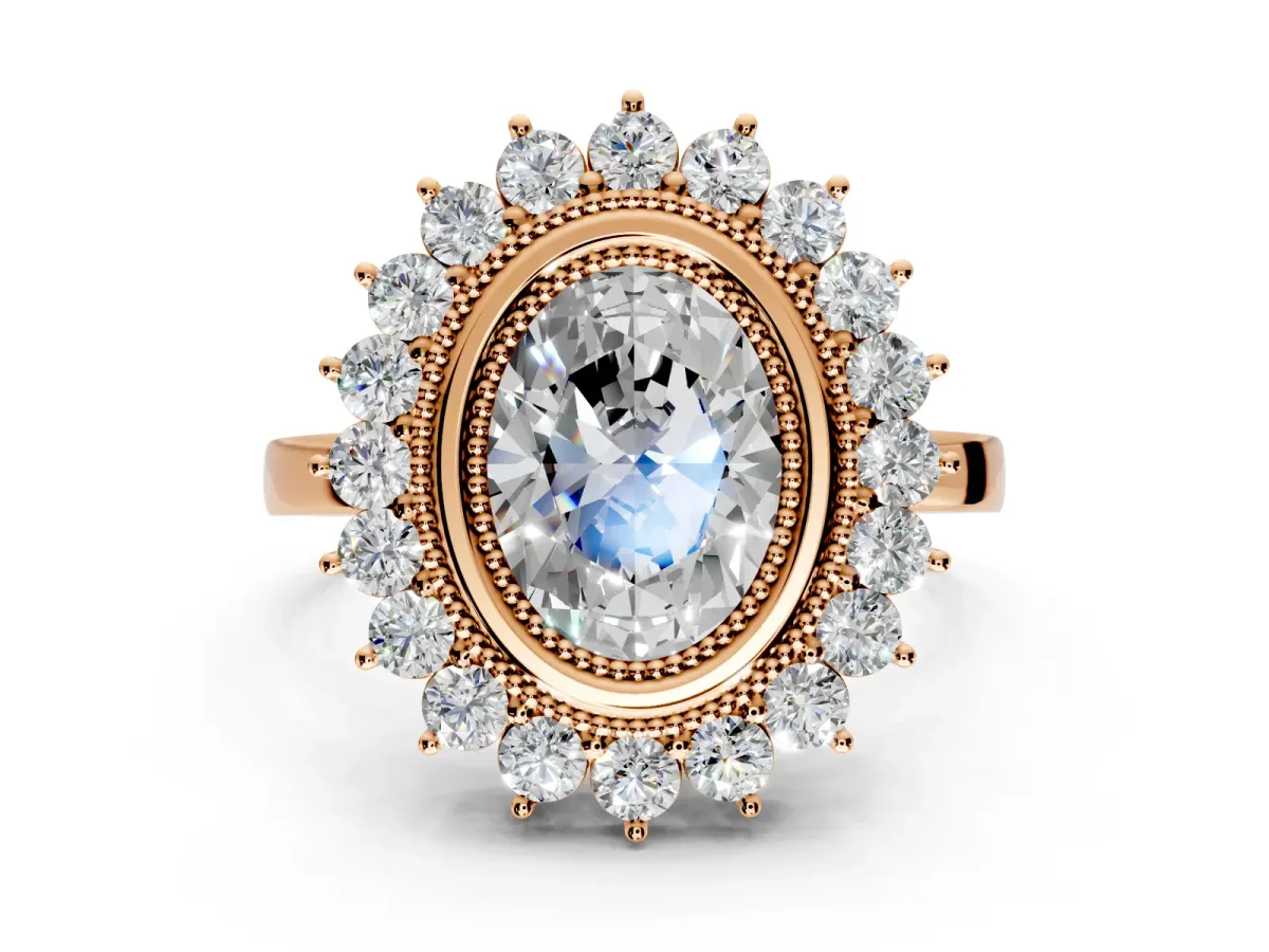 Halo Engagement Ring Setting for Oval Center with Milgrain Bezel Rim, Plain Band and Prong Head in Rose Gold