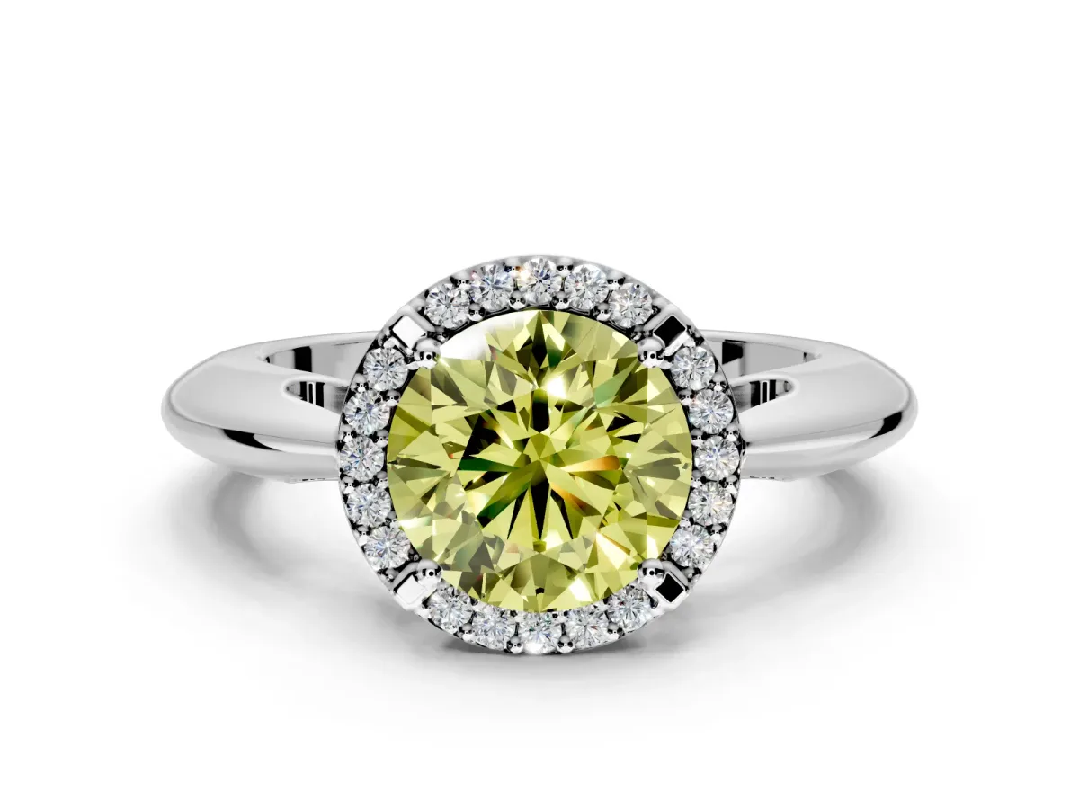 Halo Engagement Ring Setting for Fancy Yellow Round Cut Center with Tapered Plain Band and Prong Head in Platinum