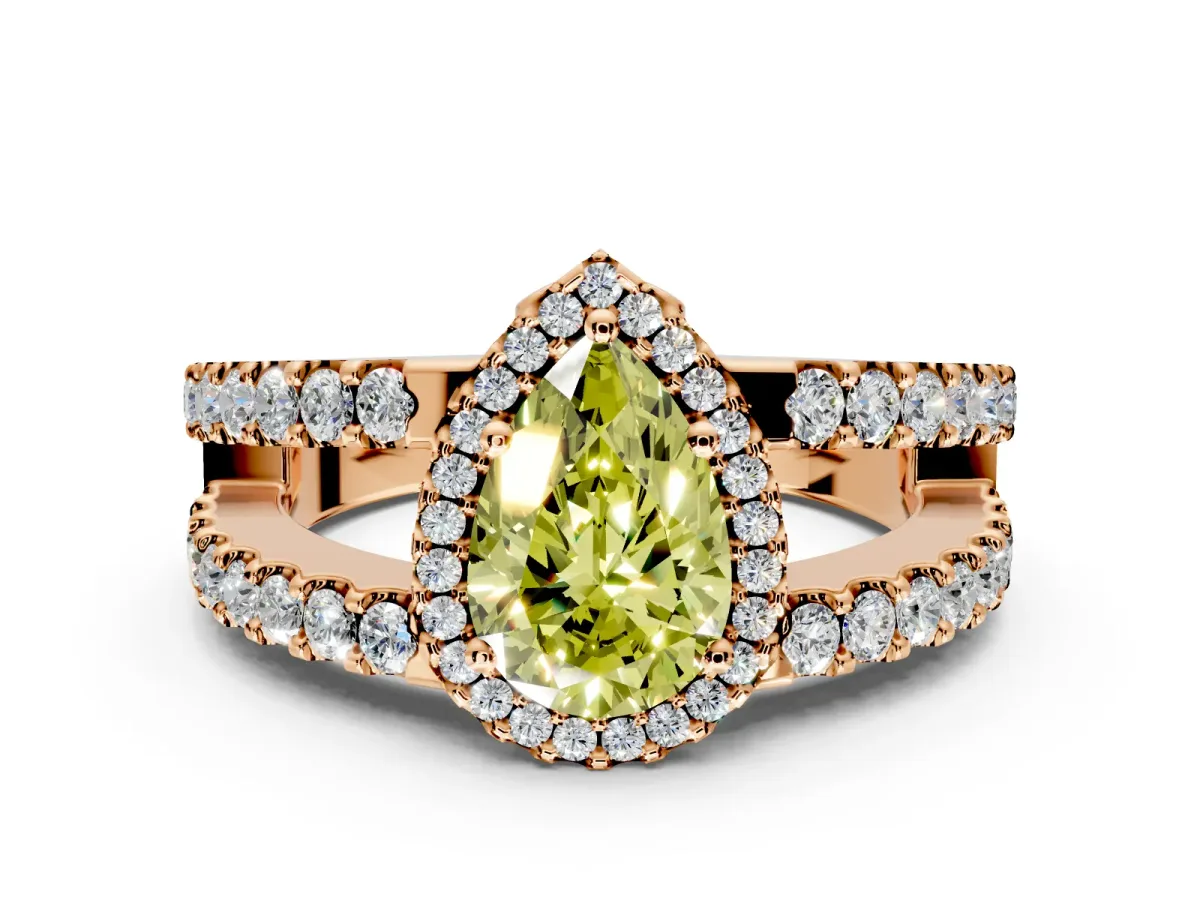 Halo Engagement Ring Setting for Fancy Yellow Pear-Shaped Center with Wide-Open Pave Split Shank and Prong Head in Rose Gold