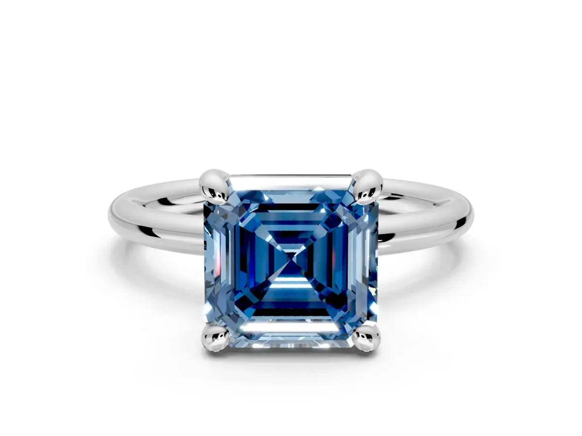 Low-Set Solitaire Engagement Ring Setting for Fancy Blue Asscher Cut Center with Thin Plain Band and Prong Head in White Gold