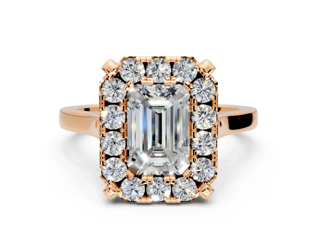 Single Halo Engagement Ring Setting for Emerald Cut Center with Corner Claws, Plain Band and Prong Head in Rose Gold