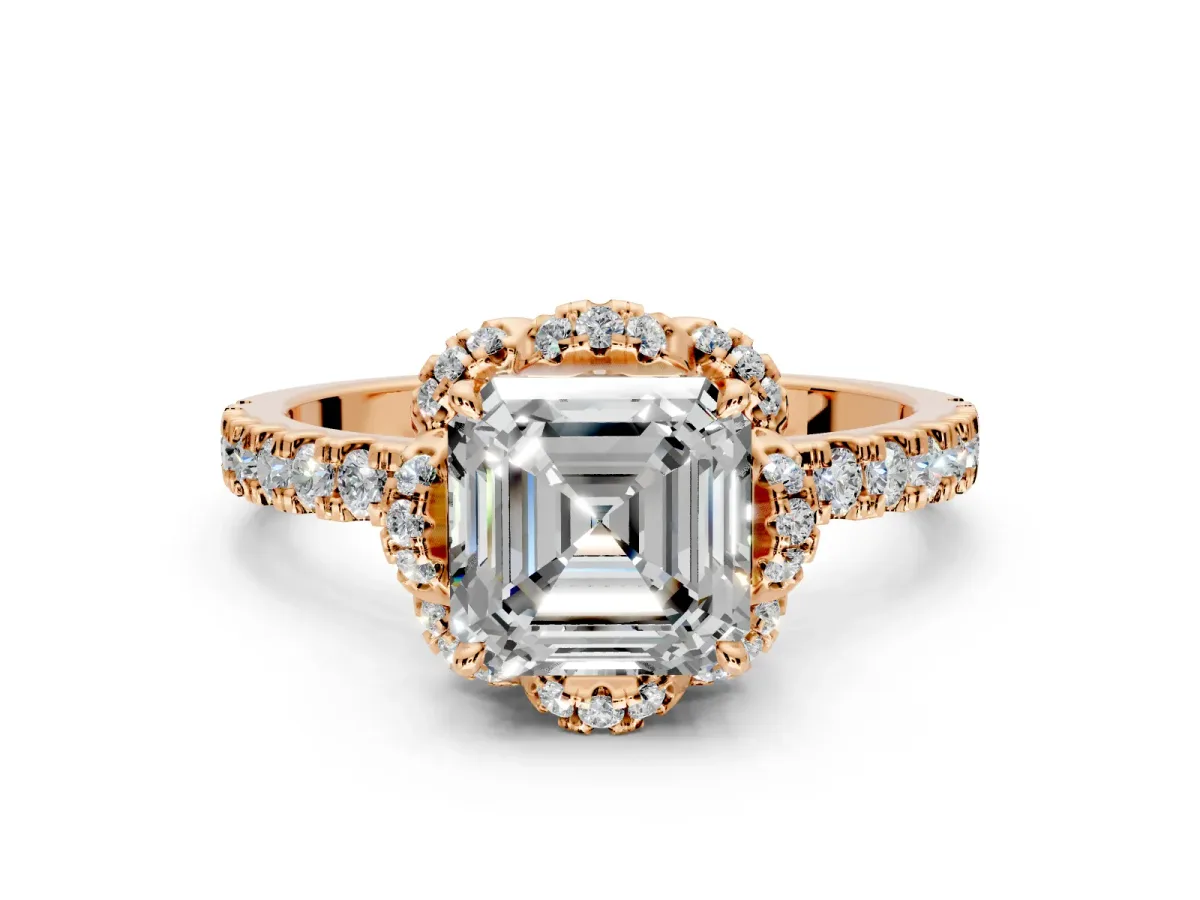 Halo Engagement Ring Setting for Asscher Cut Center with Openwork Halo, Pave Band and Prong Head in Rose Gold