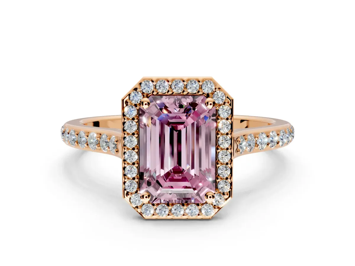 Halo Engagement Ring Setting for Fancy Pink Emerald Cut Center with Pave Accents, Heart Basket and Prong Head in Rose Gold